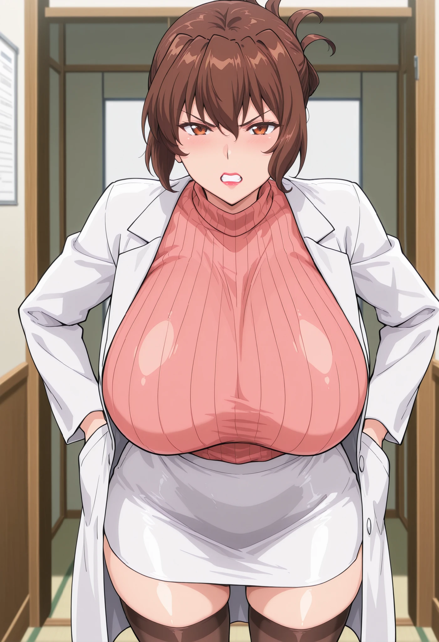 very_aesthetic, best_quality ,high_resolusion, 8K,crisp quality, ultra detailed,perfect_eyes,huge breasts:1.4,hanging breasts,pink ribbed sweater, anime screencap,EasyNegativeV2,,cowboy shot,standing,arms crossed,breasts raised,angry, Aiko katsuragi,brown hair,amber eyes,lipstick,doctor, labcoat,pencil short skirt, thighhighs, highheels,