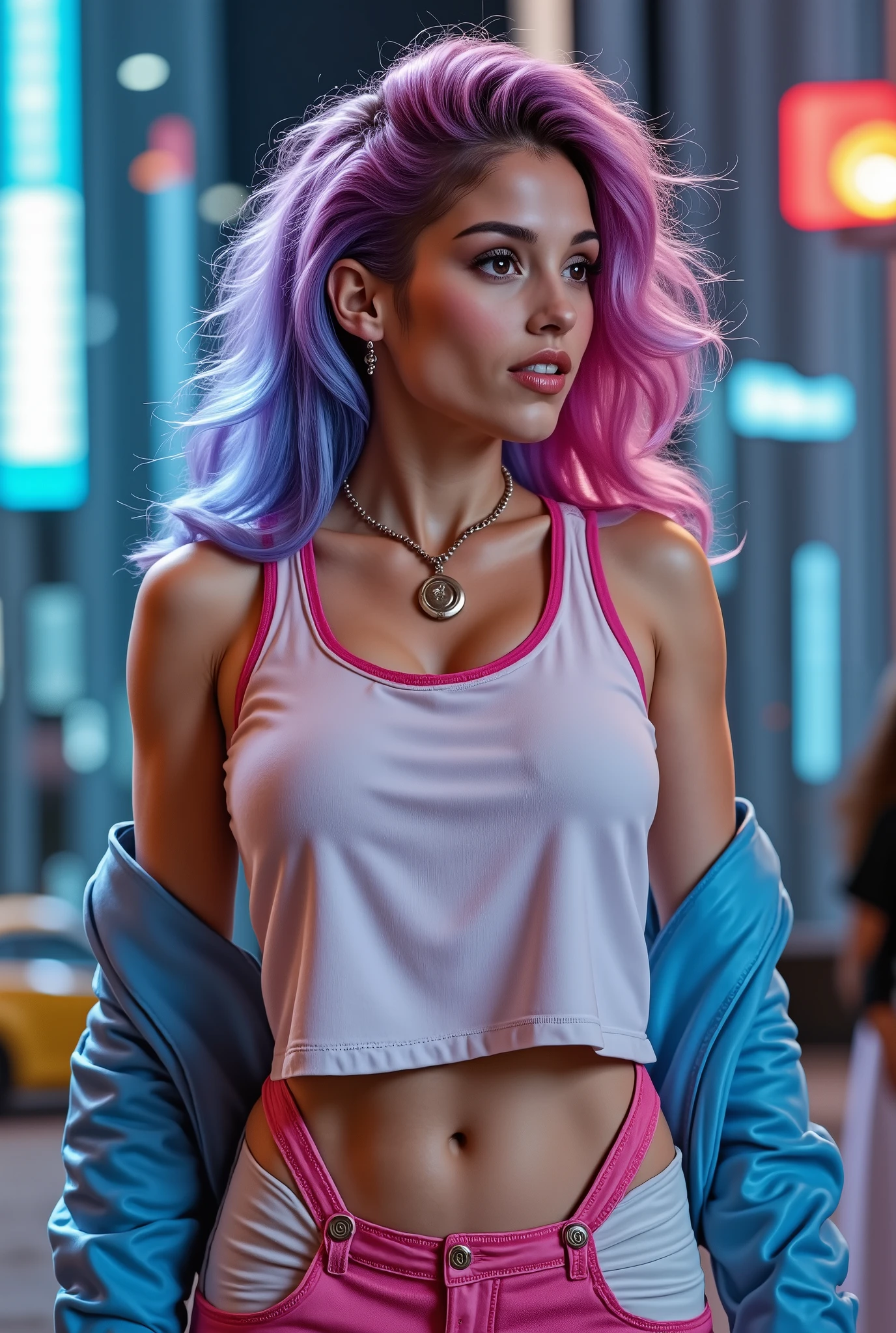 highest quality, Very detailed, masterpiece, women posing,(((Perfect female body))),Very beautiful face, Very beautiful body,Gentle expression, Very beautiful eyes,(Perfect Makeup:1.1),Blowing in the Wind,Fashion Model,Cyberpunk Fashion,Curly Hair,Shaggy Hair,pink and blue hair:1.3, very thin body,Smart Abs,,(Fractal Gradient:1.3),oversized white Jacket, pink tank top, Monogrammed long skirt,anklet,Two-tone high-top sneakers,A kind smile,Full body portrait,(Night in Cyber City), (Shiny skin),(Earrings),Long scarf with elegant pattern,Neon long shawl,