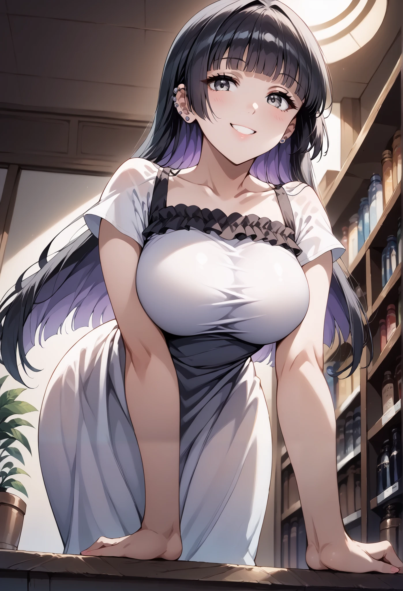 score_9, score_8_up, score_7_up, source_anime, 4K,perfect fingers,(perfect hands, perfect anatomy),prefect lighting, very aesthetic, intricate details,highly detailed background, masterpiece, high quality, best quality,
1girl,solo,pasan, pasan, ((black hair:1.5)), blunt bangs, blunt ends, chin piercing, colored inner hair, ear piercing, grey eyes, hime cut, long hair, medium bangs, multicolored hair, piercing, purple hair, ((large breast:1.5)),
wearing ((casual dress,frills,ornate clothing, )),,
looking at viewer, depth of field, looking at the audience, a little smile, pov, noon, ((low angle view)), ((leaning forward:1.5)),