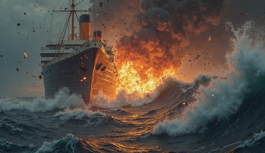 <lora:Explosion Artstyle - Trigger is Explosion Artstyle:1> Abandoned cruise ship drifting listlessly in the pacific ocean, explosion artstyle.