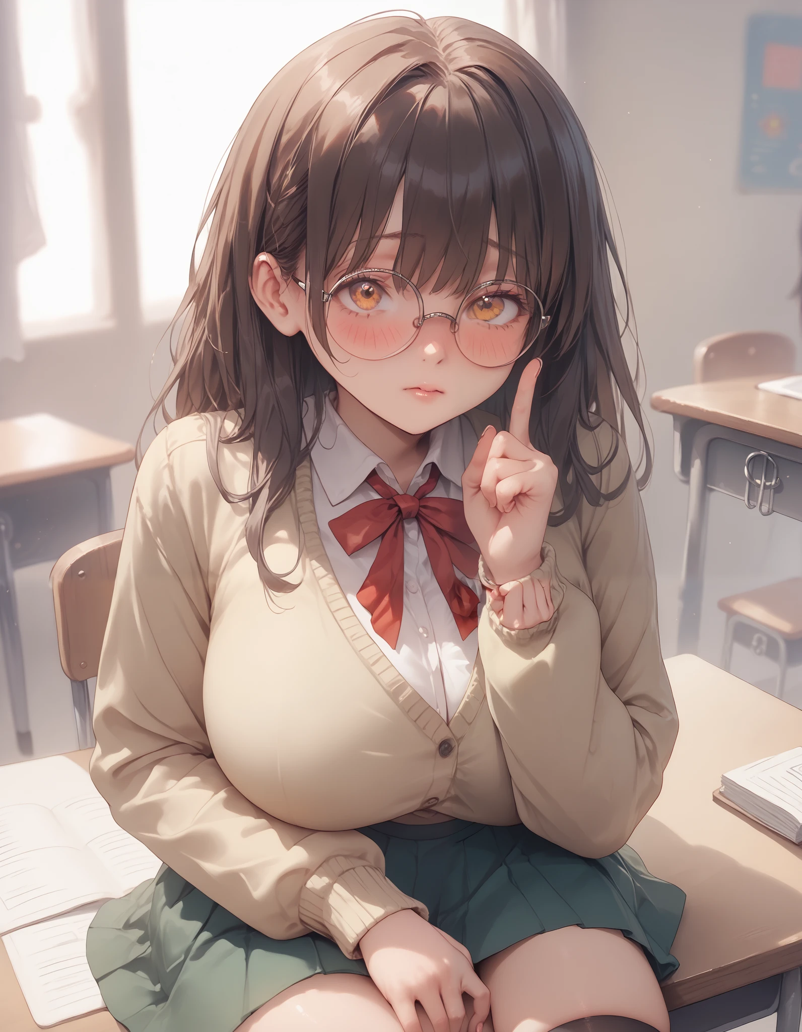 highschooler, girl, long brown hair, amber eyes, huge breasts, warm light, dawn, classroom, blushing, shy gaze, yellow cardigan, white blouse, long green skirt, black stockings, black thighhighs, red ribbon on neck, round glasses, detailed background, index fingers together, sitting on desk, looking up, nervous, fidgeting, embarrased, nerdy, nerd, geek