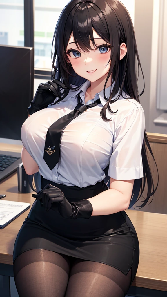mikasa, 1girl, solo, ((white shirt)), black thighhighs, breasts, cleavage, uniform, office background, black skirt, pleated skirt, office, hair between eyes, hair ornament, large breasts, long hair, looking at viewer, silver hair, silver short nails, red eyes, solo, thighhighs, thighs, very long hair, ((masterpiece)), sitting, chair, desk, computer on desk, name tag, id tag, indoor, blush, sexy pose, hands behind, underbutt
