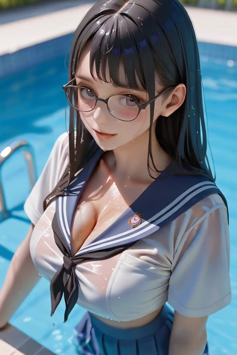 from above,overhead shot,onsen,(lying),(on back),baggy t-shirt,swimsuit,(random Lively pose),(Thin type),(large breasts),(random hairstyle),(Highest image quality, (8K), Ultra-realistic, Best Quality, High quality, High Definition, high quality texture, high detailing, Beautiful detailed, fine detailed, extremely details CG, Detailed texture, realistic representation of face, masterpiece, presence),(wearing glasses:1.5)