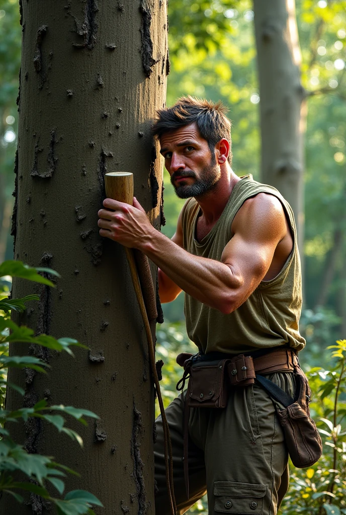 young cute handsome cute beautiful white face soft skin skinny short hair shirtless in a jungle cutting fir in an ax in the middle of the jungle cutting wood behind him a house 