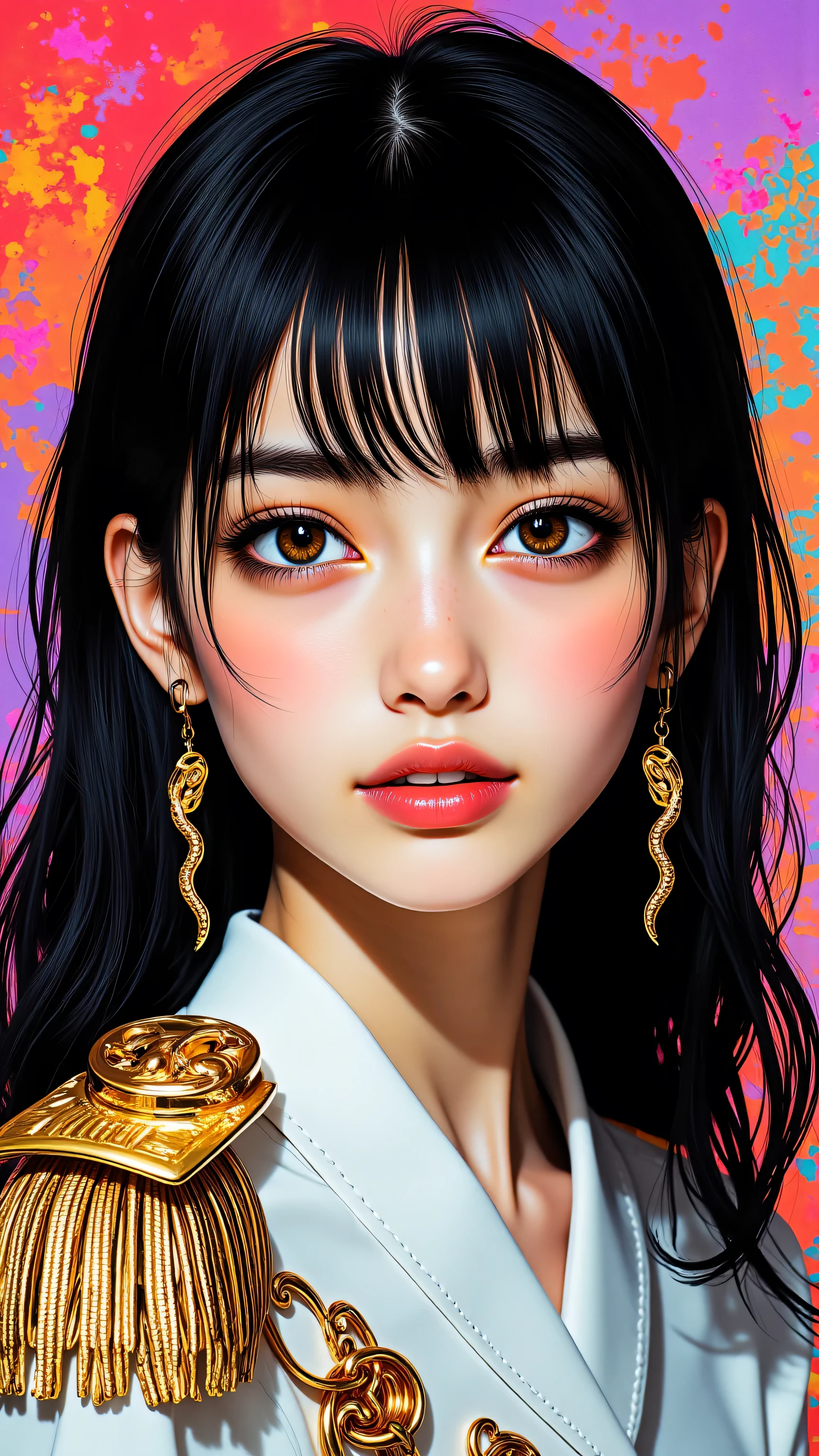 A woman with long black hair wearing a white jacket and gold earrings ...