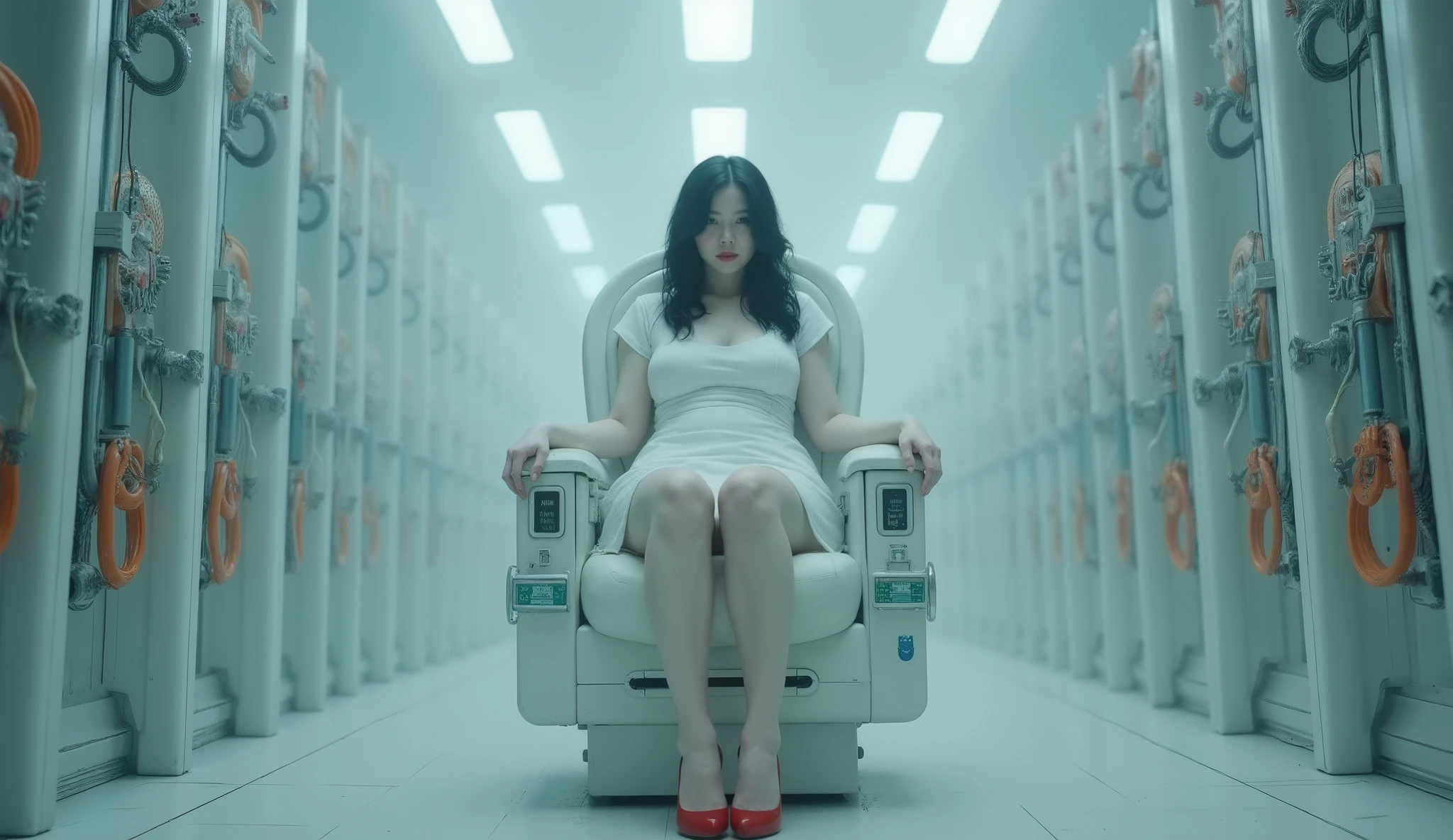 long elevated shot of (1woman), (long shot), an albino European Japanese mixed woman, (((albino))), (white pale skin), [[slightly chubby]], soft curves, [medium firm breast], (thick thigh), (black hair), wearing a white mini dress with a thigh-high slit and red (((high heels))), exposing her ((legs)), sitting and strapped to brainwashing machine which bounds her hands tightly to the armrest of the chair, the room features very bright light, there are industrial orange and cyan bars, many grey and blue cables in background