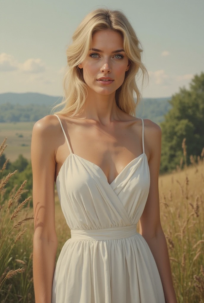 realistic body shot photo of sad finnish blonde ponytail woman dancing in front of camera wearing long cotton dress, meadow, glamour photoshoot, perfect anatomy, Perfect eyes. Perfect hands with 5 fingers on each hand. fit girl, looking into the camera, strong hip:1.2, wide hip:1.3, 16 yo woman. (Eye makeup:1.1), (highly detailed skin:1.1), RAW, analog style, sharp focus, 8k UHD, DSLR, high quality, Fujifilm XT3, grain, award winning, masterpiece.