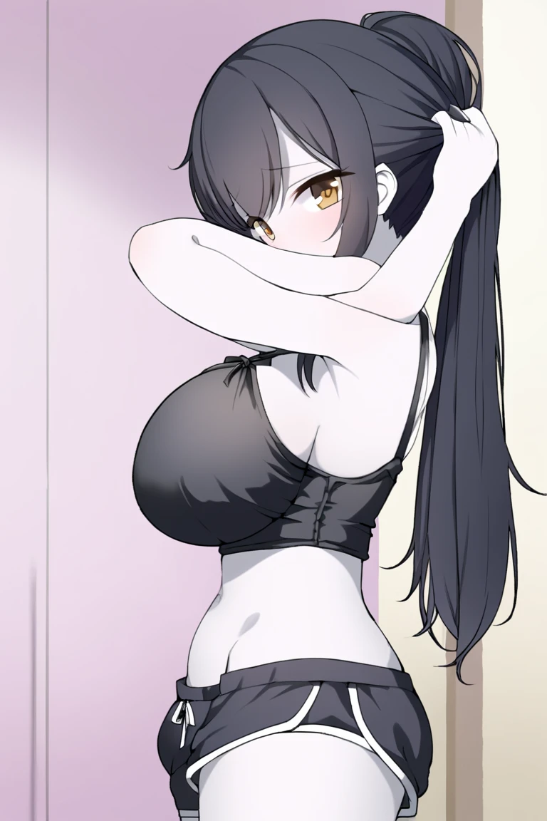 (Beautiful line drawing illustration on a pure white background)、(black and white line drawings)、Shirtless sexy big breasted volleyball player&#39;s mother、cute face、Upper body above the navel