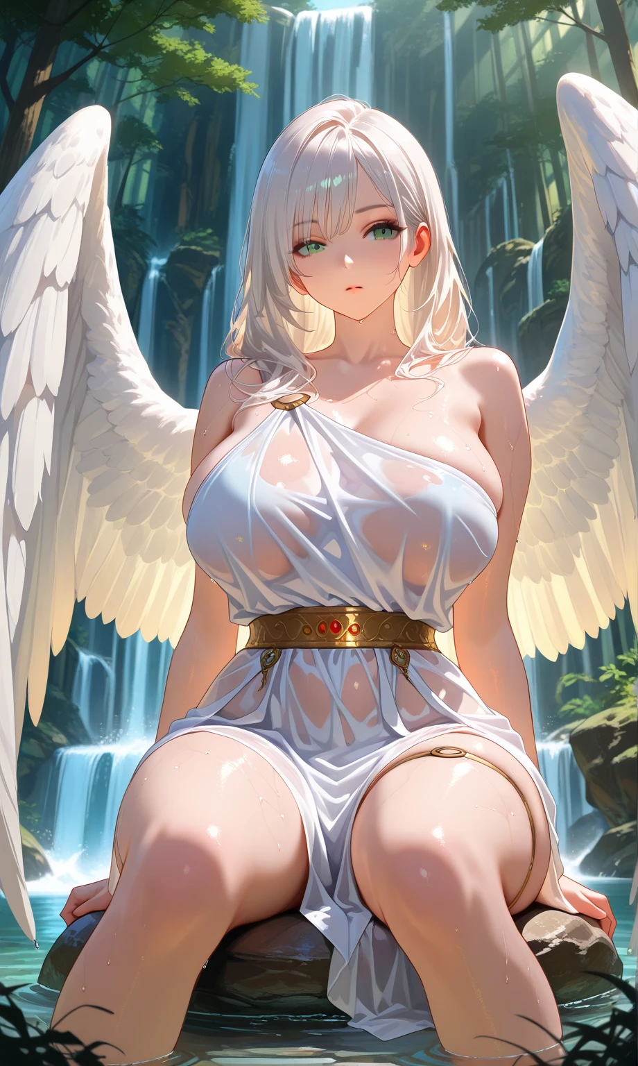 masterpiece, highest quality, 1 girl、Sagme, Silver-haired medium hair,Silvery eyes(heart-shaped pupil) , hot spring background、One Wings of an Angel、big breasts、Slender、Completely naked、Seeking courtship、I could see the whole body、Face during estrus、beautiful breasts、thighs open、realistic pictures、Courtship action、the whole body is wet、Crotch open