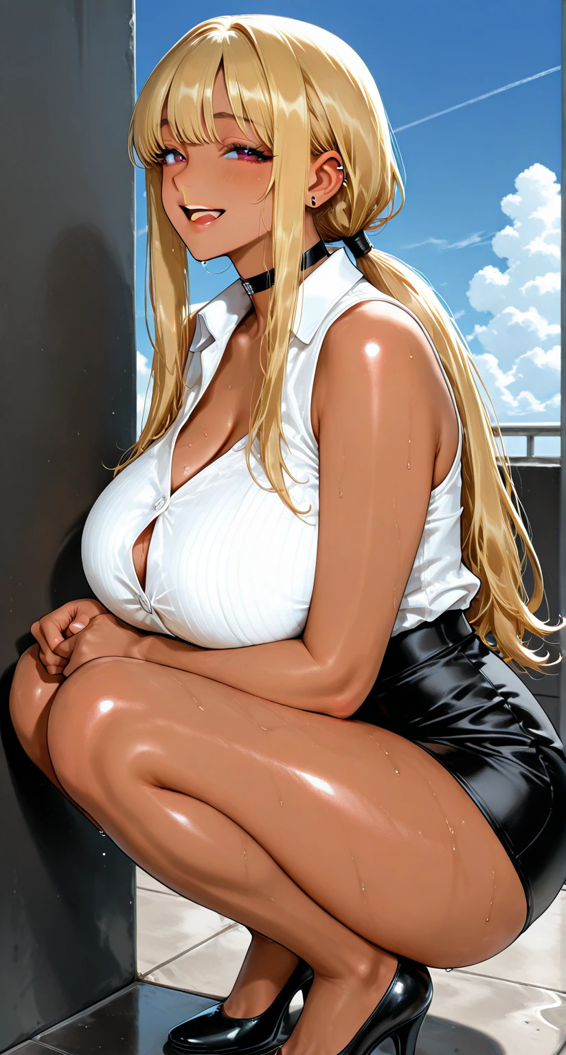 hyperrealistic,mature seductive gyaru,huge breasts,squatting and spreading legs,wet pussy,pubic hair,short skirt,crop top,