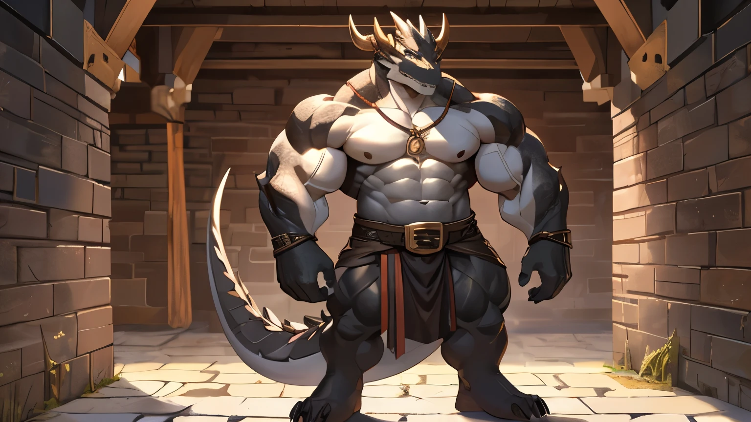 solo, anthro, furry male, ultra details, T-Rex, ((ultra detailed muscles)), (T-Rex print), black scales, white belly, black spiny scales, bedroom, standing up, muscle pose, front double biceps pose, bodyguard outfit, black claws, red eyes, slit eyes, slim fit, muscular slim, menacing, handsome , raging, angry, flirt, ultra detailed slit eyes, pecs, hind leg, tail, looking at viewer, (Masterpiece, by null-ghost, ultra hi-res, 8k), naked torso , black loincloth, oil stain, front pov,
