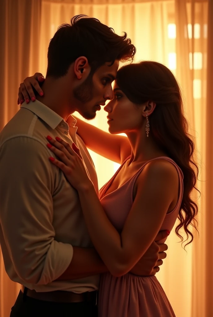 Create a image of a 25 year old indian girl in a room long black silky hair style her 24 year old boyfriend kissing her neck and romancing