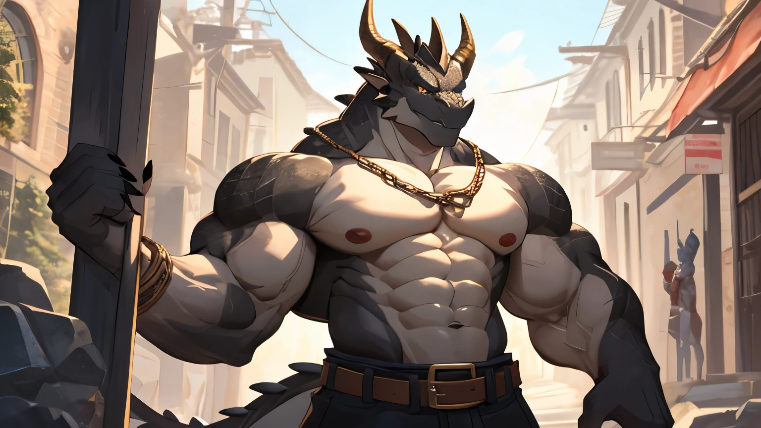 Anthropromorphic dragon male with highly detailed muscular chest and abs, detailed biceps and thick forearms, thick neck, heavy gazelle horns with pronounced rough ridges, broad heavy hands and sharp black claws, green eyes, black and grey, standing in a stone brick forum, bare chest, bare arms, stern expression, detailed speedo
