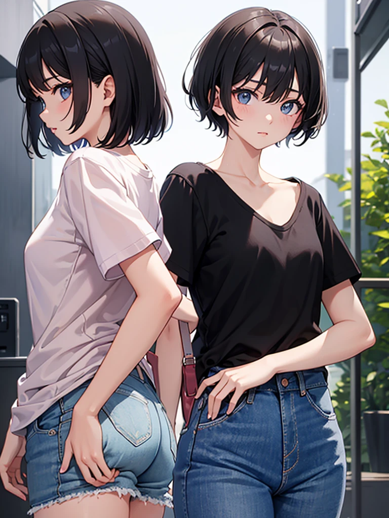 nsfw: 1.5, high quality, masterpiece, full body figure, girl, schoolgirl, slender body, thin thighs, medium breasts, small and hard nipple, white t-shirt, tight t-shirt, sheer clothes, wet clothes, emphasized breasts, jeans shorts, {nipple}, black hair, red inner color hair, blush, short hair
