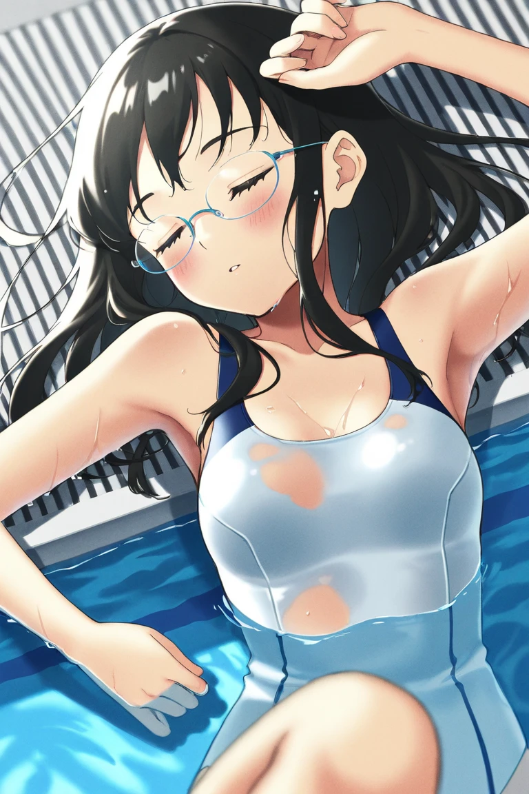 ((beautiful girl)),largebreasts,cute girl,blush stickers,black hair,(little girl:1.3),13 yaers old,(pool),((micro school swimsuit:1.5)),(poured excessive white liquid on body:1.2),from below,(dripping white liquid all over the crotch:1.4),(spread legs:1.5),(sitting),petite,beautiful legs,summer,openbreasts,