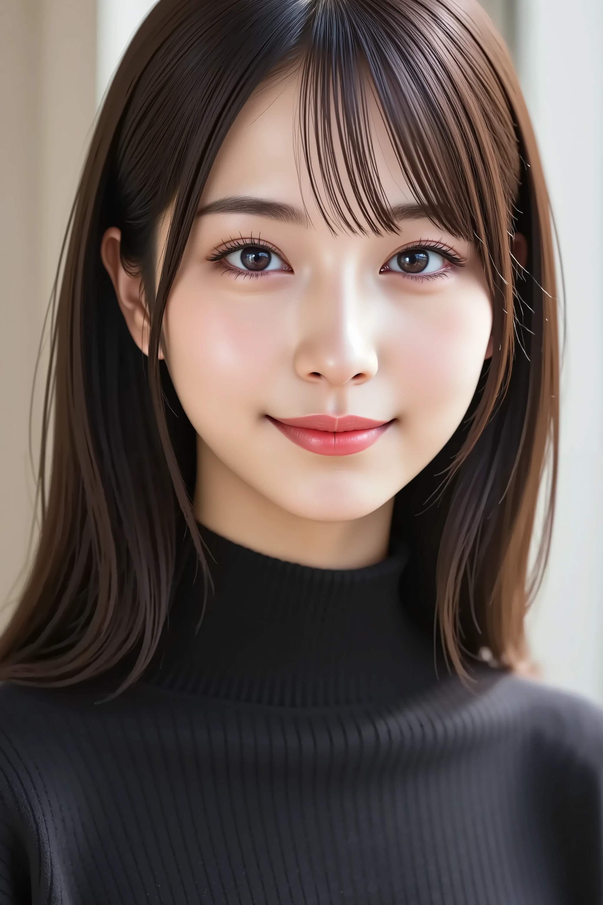 A highly detailed, ultra-realistic digital illustration of a beautiful young Asian woman with her entire head clearly visible and fully included in the frame. She is gently smiling with softly blushed cheeks, clear luminous skin, and glossy pink lips. Her eyes are large, expressive, and captivating, enhanced by natural, elegant makeup. Her long, smooth black hair is styled neatly with soft bangs. She wears a solid black high-neck, long-sleeve, ribbed slim-fit T-shirt, emphasizing her elegant neckline and slender figure. The minimalist and neutral-colored background highlights her natural beauty. The image quality is pristine, sharply detailed, and ideally suited as an 8K wallpaper.