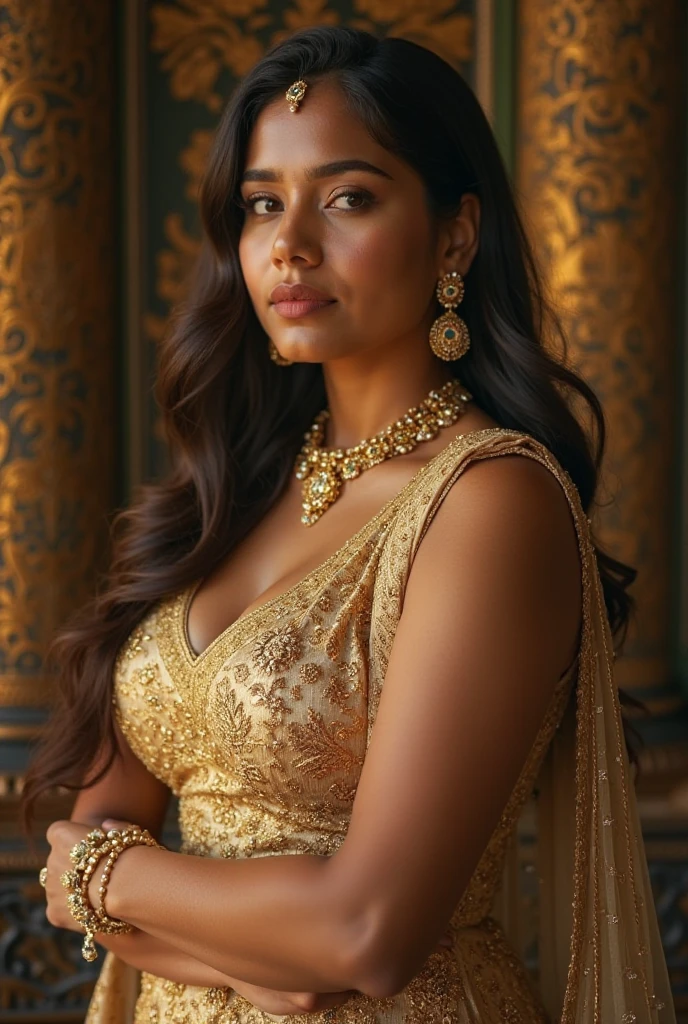 highly detailed portrait, 1girl, beautiful detailed eyes, beautiful detailed lips, extremely detailed face, long eyelashes, off the shoulder dress, busty, moody dramatic lighting, cinematic lighting, chiaroscuro, dramatic shadows, dramatic contrast, dramatic atmosphere, photorealistic, 8k, high resolution, best quality, masterpiece, intricate details, ultra-detailed, (( half body portrait)) indian women 