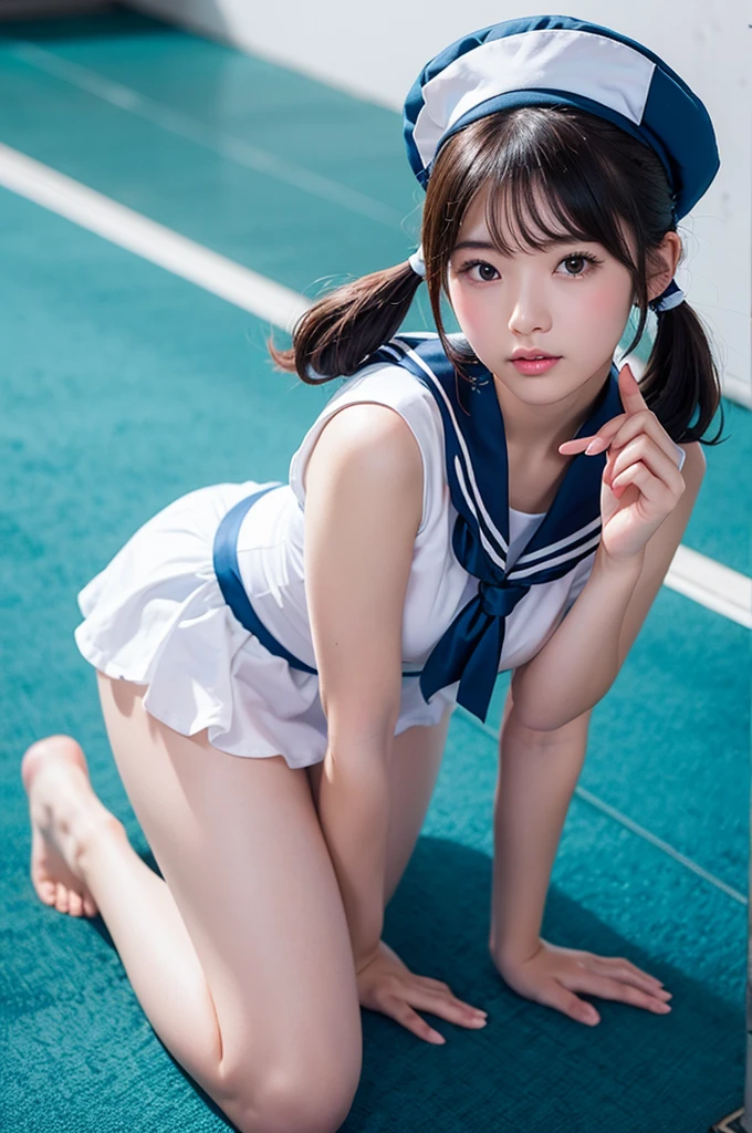 (tokyo disney resort dancer open thighs),make up,solo,Donald Duck style blue hat,(White and light blue horizontal striped panties),Blue Donald Duck style sailor short sleeves,White pleated skirt,Red ribbon tie,(shoot from below),