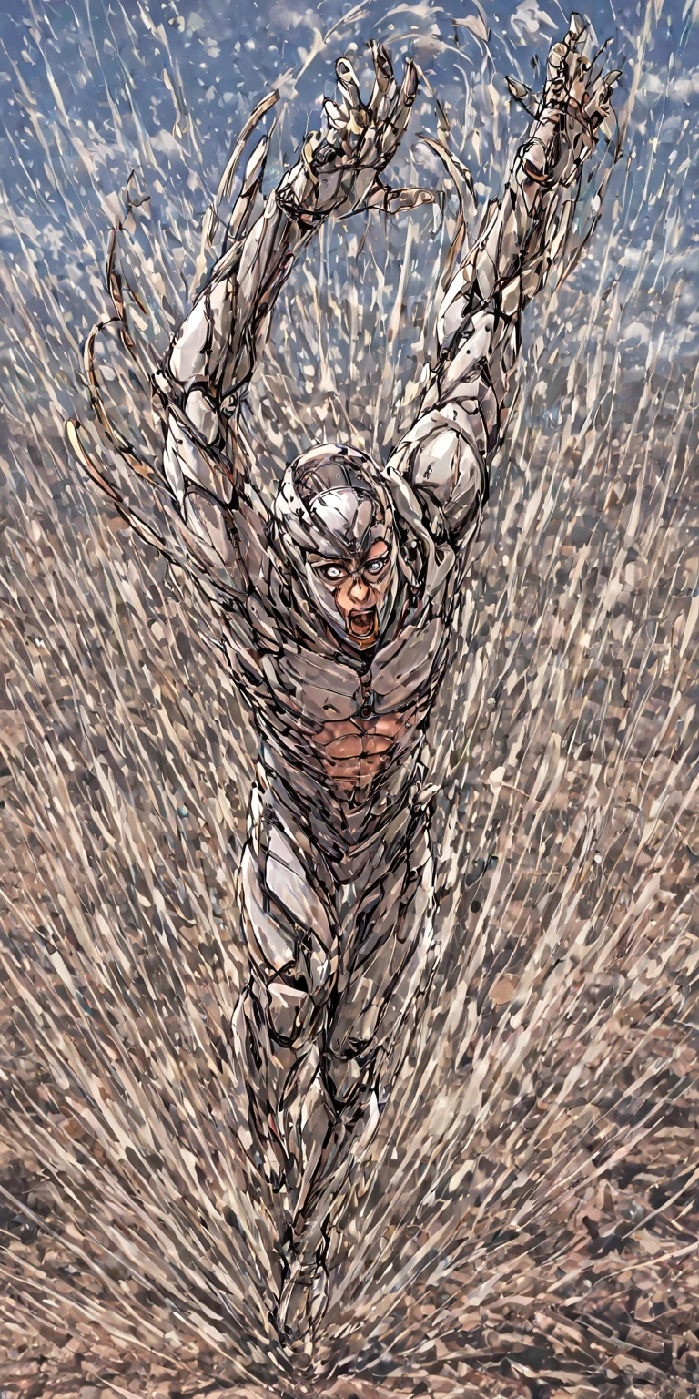 (australian man), w4x4rmor, wearing wax collared shirt, (dynamic pose), fighting stance, fantasy background, cinematic composition, covered in white liquid, pectorals, thighs, portrait, fantasy city background, walking, close up,, (best quality), (masterpiece), (highly detailed), cinematic, (detailed background), depth of field, intricate details, 8k, bara, photo of a handsome man,