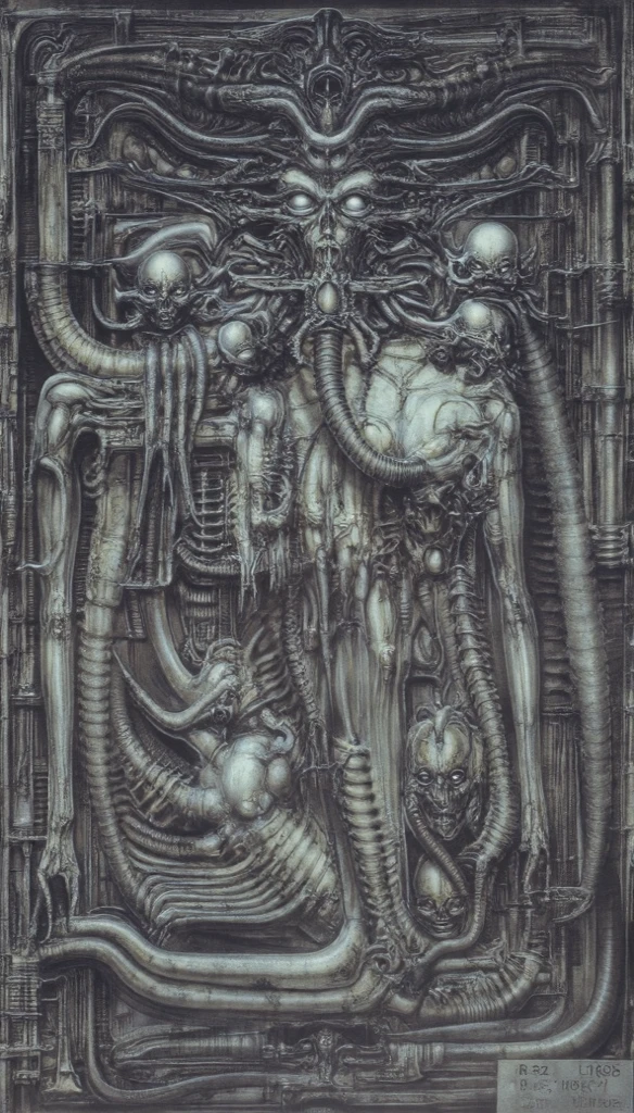 extreme close-up, RAW photo Create biomechanical tableau with some of the artistic techniques and compositional features used in /"Necron IV/” by h r (Hans Rudie) giger:
The painting is composed around a central focus of ribcage-like structure with a phallic spine. This central form is the most detailed and brightly lit part of the painting, and it draws the viewer's eye in.The central focus is emphasized by the use of light and shadow. The light source is coming from the top left of the painting, and it casts a bright spotlight on the scene.
Biomorphic forms: The biomechanical forms in the painting are inspired by biological organisms, but they are also machine-like. These forms create a sense of unease and discomfort, as they blur the line between the natural and the artificial
. The image is highly detailed and intricate, almost like a 3d version of a medical diagram (detailed view of an anatomy model, possibly of a human body, with transparent organs and bones exposed). The piece has a thick mechano-organic texture and is covered in fine details. The image has a swirling, organic quality to it. The artistic manner would be unmistakably Gigeresque. A dark and unsettling beauty would permeate the piece, blurring the lines between fascination and repulsion , forever haunted by the grotesque allure. Giger's signature artistic manner would be evident in every stroke. The airbrush would be wielded with masterful precision to create a hyperrealistic yet nightmarish aesthetic.,hrgiger,H.G. Giger Style, Biomechanics,HRGigerArhP style
, skin detail, (underexposed:0.7), (shiny highlight:1.0), high contrast studio lighting, creepy, wet, shiny, hyper realism