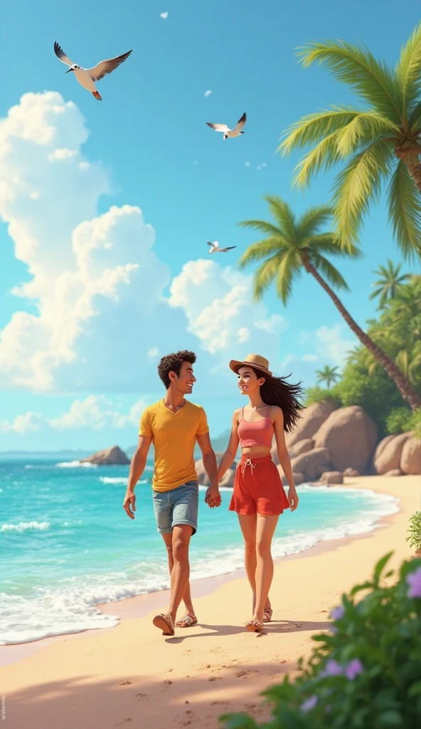 two couples of friends on the beach, a couple consisting of a muscular white man with glasses and a very beautiful brown-haired woman, and the other couple is made up of a blonde woman and a woman with light brown hair.