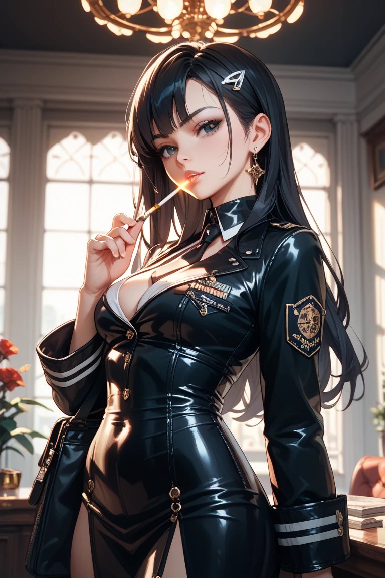 (highest resolution, distinct_image) melhor qualidade, mulher, obra-prima, alto detalhe, semi-realista, cabelo curto preto, cabelo preto, franja, 21 anos, maduro, jovem, roupas pretas, uniforme preto, black cap, military school beauty Heroic and heroic inner background exquisite and exquisite facial features,voluptuosa,sensual
