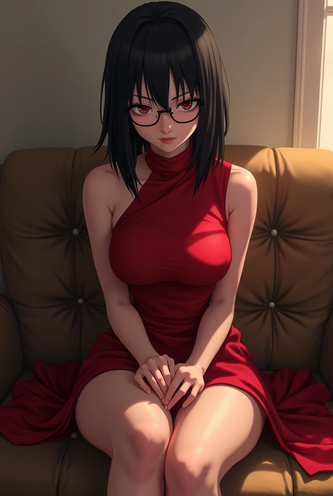 (Top Quality, Excellent Drawing),((Wearing a red dress)),((Middle Bob Black Hair)),(Sitting on the floor leaning forward),((Hiding breasts with right arm)),((Hiding crotch with left hand)), Wobbly dress, Face reddened from humiliation, Tight gaze, Round glasses, Dimming lights, Quiet space