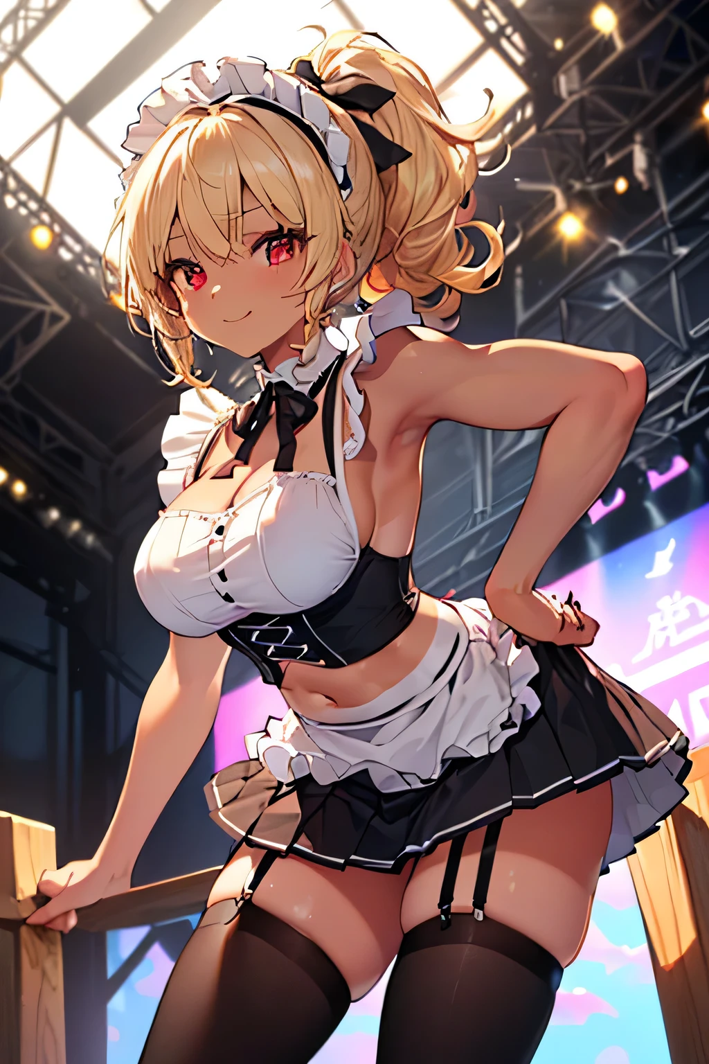 white sports bra, cleavage, black mini skirt, wind blowing skirt, upskirt, blush, white hair, blonde, perfect breasts, night sky, sports ground
