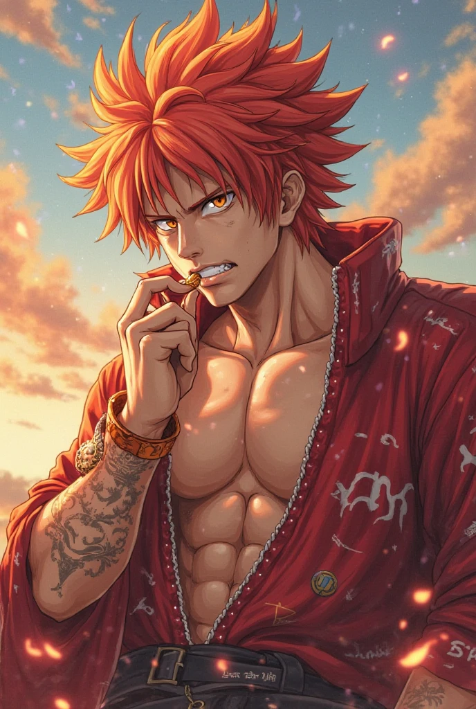 Ultra detailed, highres, absurdres, HDR, master piece, Ryoumen Sukuna, pink hair, expressive red eyes, Jujutsu Kaisen, water, autumn, petals, orange and yellow leaves, sexy man, solo, handsome, black shirt, black long coat, red, toned chest, best quality