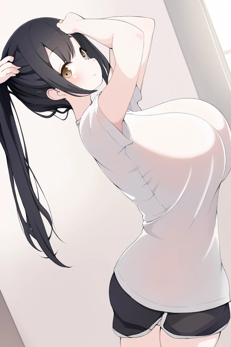 naked, big breasts, nipple, black ponytail hair, head facing to the right, armpits
