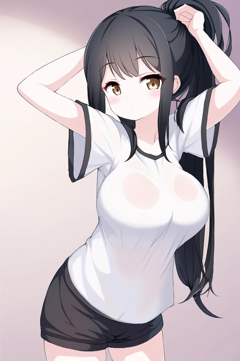 (((best quality, masterpiece, detailed))), ((1 , solo, 9 years old), (nude, flat chest:1.2), (pregnant), back of head, open legs, wariza, cat ears, sweat, black long hair, from behind, white background