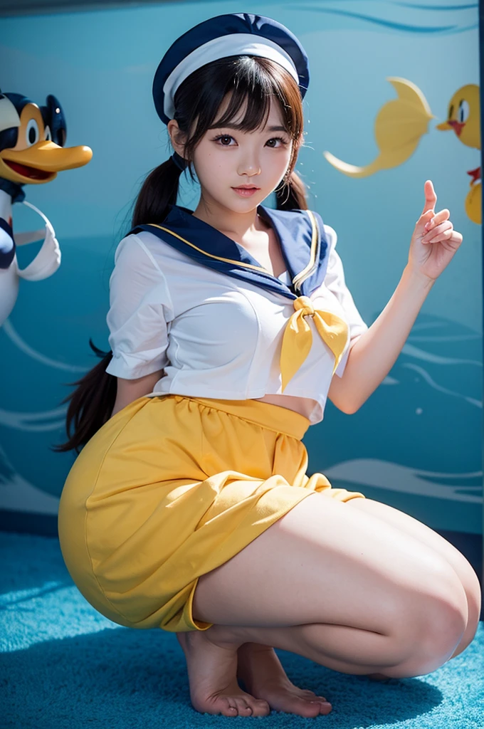 tokyo disney resort dancer open thighs,Donald Duck style hat,White and light blue horizontal striped panties,Blue Sailor Short Sleeve,White pleated skirt,Red ribbon tie,shoot from below,