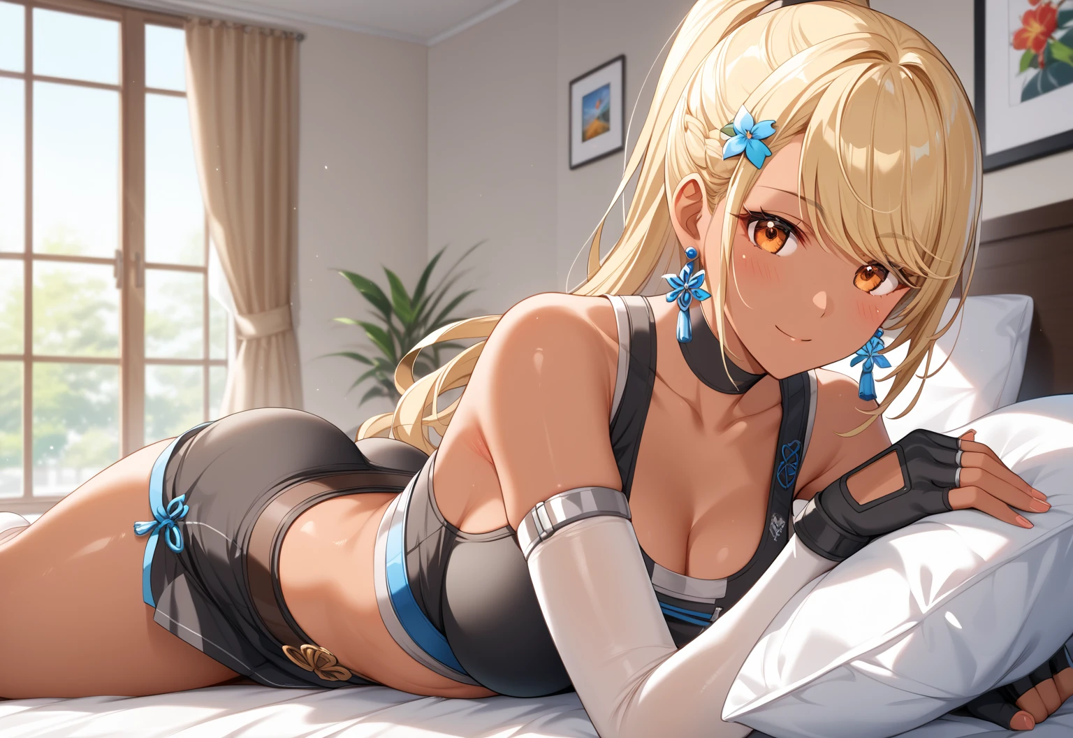 score_9, score_8_up, score_7_up, source_anime, rating explicit, absurdres, bedroom, frll body, 1girl, solo, angelabalzac, blonde hair, blue eyes, deva battle suit, thighs, bare shoulder, elbow gloves, headgear, long hair, low twintails, twintails, very long hair, smile, lying, on side, looking at viewer, masterpiece, best quality, very aesthetic, highly detailed, 8k,