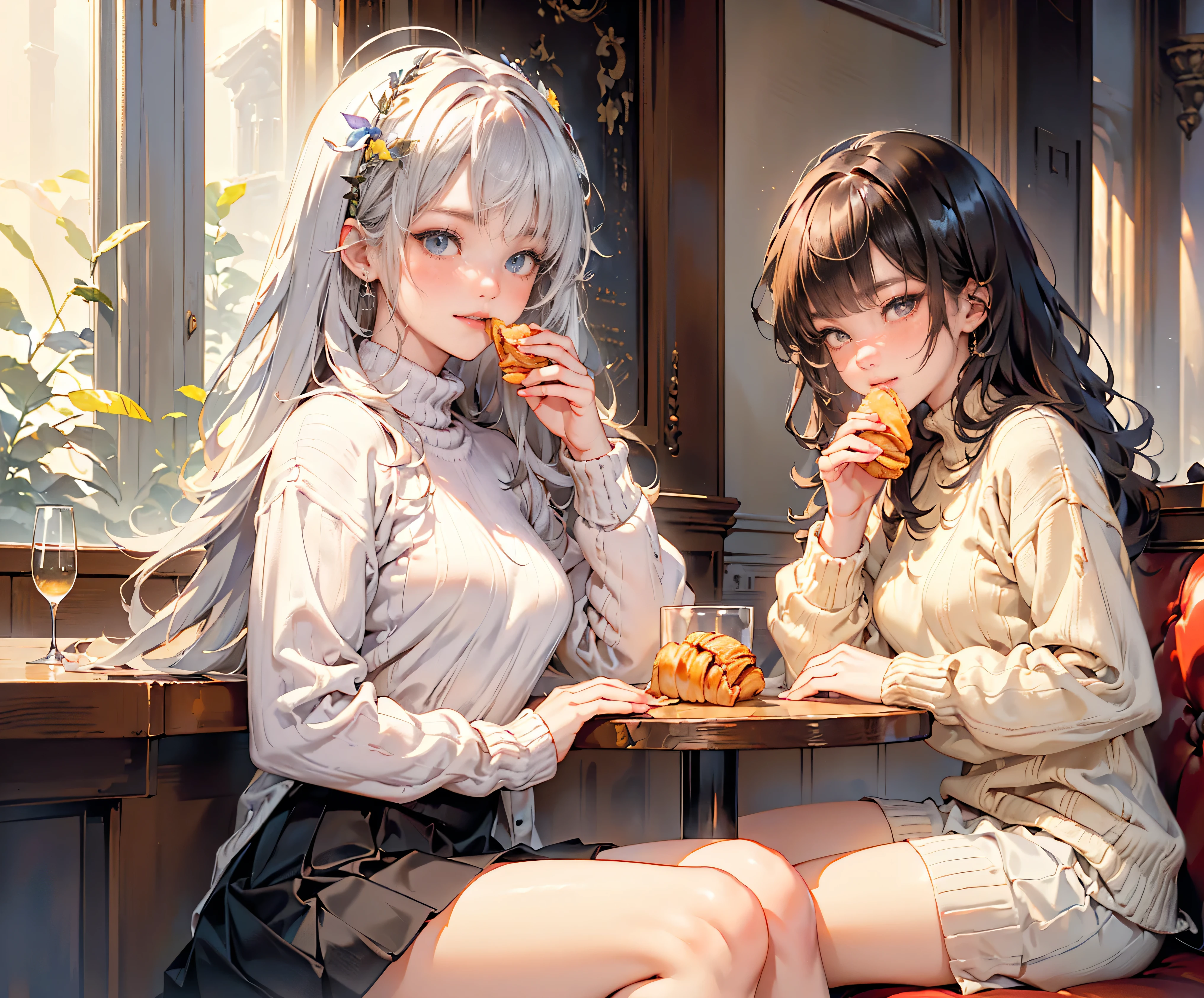 Best quality, 8K, Best quality, Masterpiece, ((Odd-eyed high school girl)), ((Heterochromia, Yellow eyes, Blue eyes)), ((Shining exquisite eyes)), (Very narrow eyes), (Platinum and purple long hair), Princess cut, ((Translucent smooth white skin)), Glowing skin, Very white skin, ((Very beautiful face, Immaculate face)), ((Small breasts)), (Anatomically accurate), ((Detailed depiction of fingertips)), ((Wearing a sweater with floral embroidery), ((Wearing a light purple tight skirt)), (((Sitting at a table in a cute restaurant, catching and eating a croissant with her hands)), Knee-high stockings, ((Detailed depiction of a croissant)), ((Eating a croissant with her hands)), Cinematic lighting, Smiling face, Very beautiful,