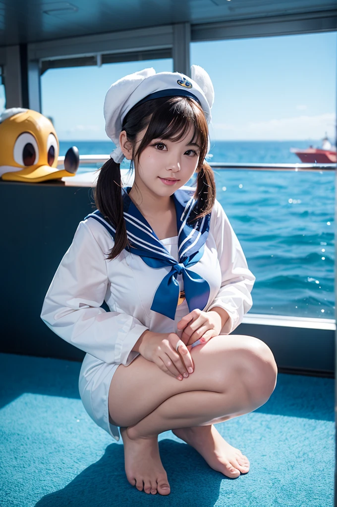(tokyo disney resort dancer open thighs),make up,solo,Donald Duck style blue hat,(White and light blue horizontal striped panties),Blue Donald Duck style sailor short sleeves,White pleated skirt,Red ribbon tie,(shoot from below),