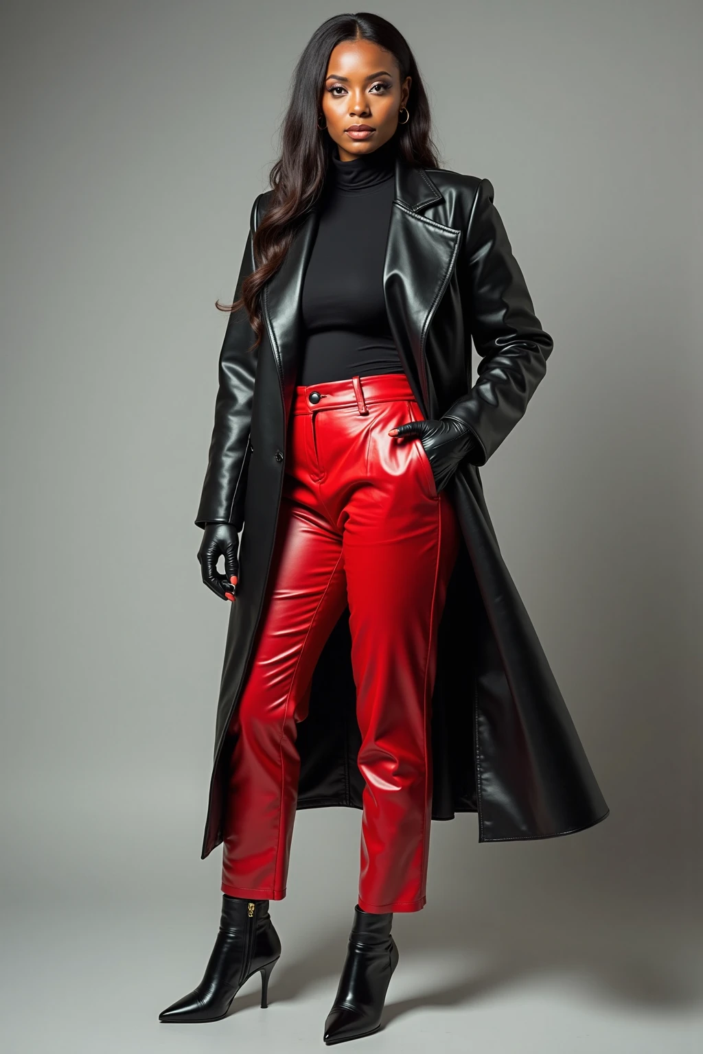 fashion cover, front view, full-body, woman model, colorful wall, red suit, black shirt, red tie, red leather jeans with silver shoes --ar 9:16