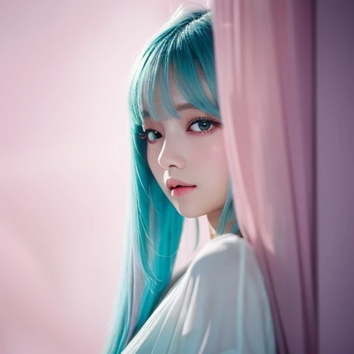 (highest quality, 32k, High resolution, masterpiece:1.5, ), Haunting fantasy portrait in abstract style, ((In a swirl of fantastic pastel colors and soft light)), Evoking a sense of soothing tranquility and elusive beauty, Award-winning masterpiece with amazing details, cute japanese woman, perfect human anatomy, big magical eyes, fleeting profile, ((shiny ice green hair)), Beautiful and smooth long hair, Beautiful asymmetrical bangs, hair between eyes, smooth and soft skin, thin eyebrows, clear double eyelids, pale pink lips, ((Naked back view,)), High resolutionの完璧な肩甲骨, High resolutionの美しい背中, slender body shape, High resolutionの美しい太もも, cosmos, gentle sunlight, professional lighting, professional photographer, Professional models,mysterious

