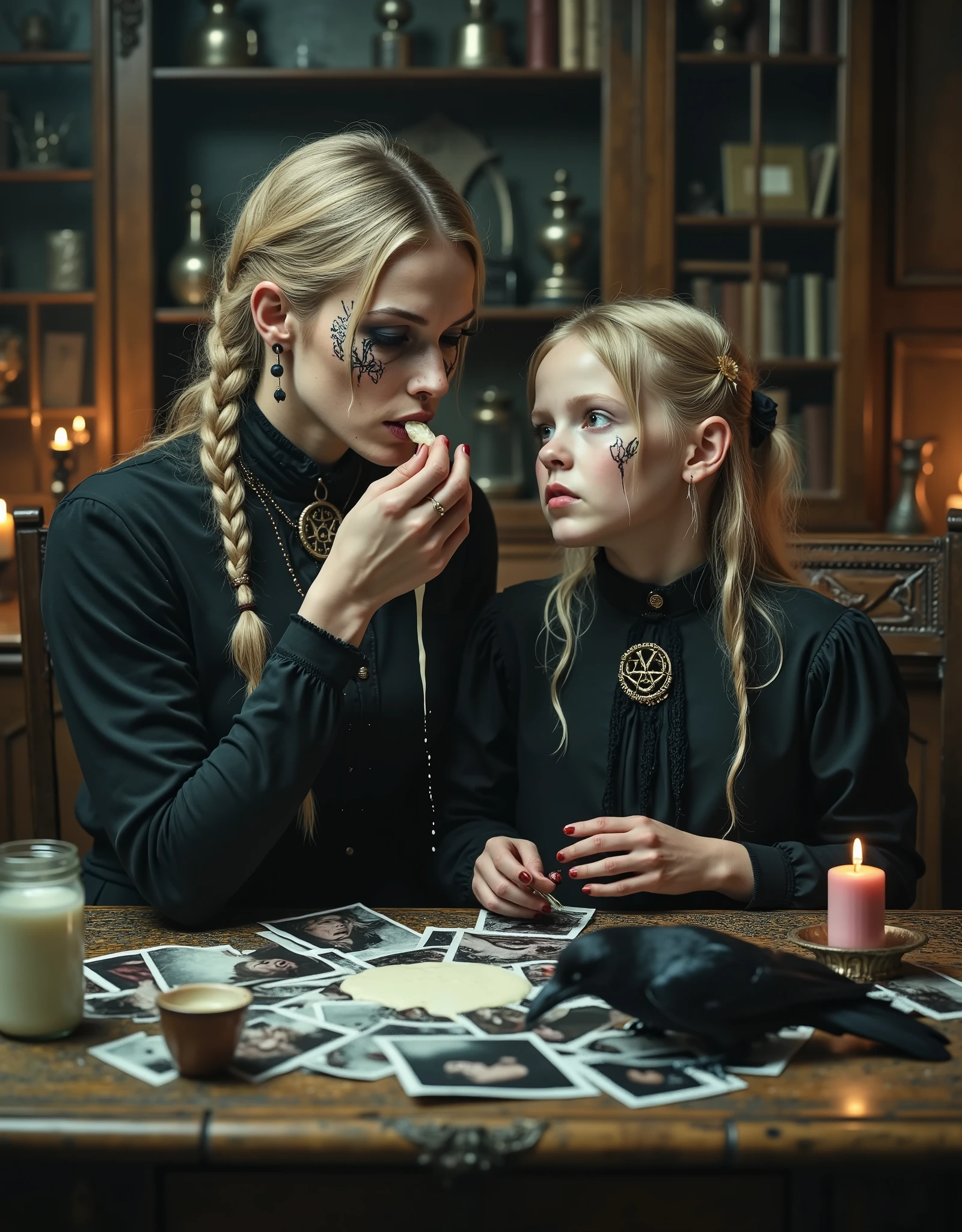 Swedish woman and a girl she is babysitting, at a kitchen table, traditional furnishings, woman is feeding the girl white yogurt, spitting from her own mouth to the girl's open mouth, a thin stream of white fluid, the yogurt is dribbling down the girl's chin and onto her blouse, drops of white yogurt on the woman and girl, girl is in a trance, the mood is strange, ritual like, folk horror, woman is wearing black clothing, erotic, blonde hair, braids, occults objects and books on the table, candles, some erotic photographs strewn over the table-top, detailed, intricate, vivid and lurid colors, fumetto aesthetic, volumetric lighting, cinematic lighting, dead crow and some blood, Wiccan symbols drawn on their faces and hands, table covered in drops of semen