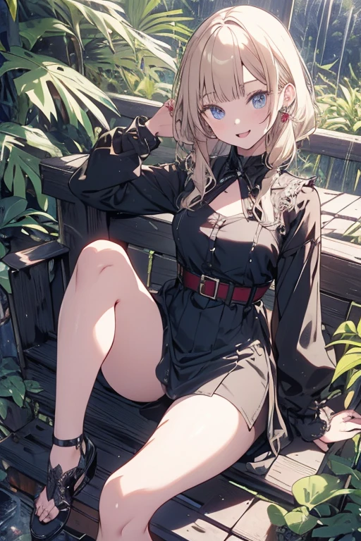 score_9, score_8_up, score_7_up, score_6_up, source_anime, 1girl, solo, cyrille, blonde hair, long hair, hair ribbon, white coat, long sleeves, black dress, black thighhighs, white boots, sitting, spread legs, field, torn clothes, cleavage, medium breasts, looking at you, clenched teeth, blush, embarrassed,