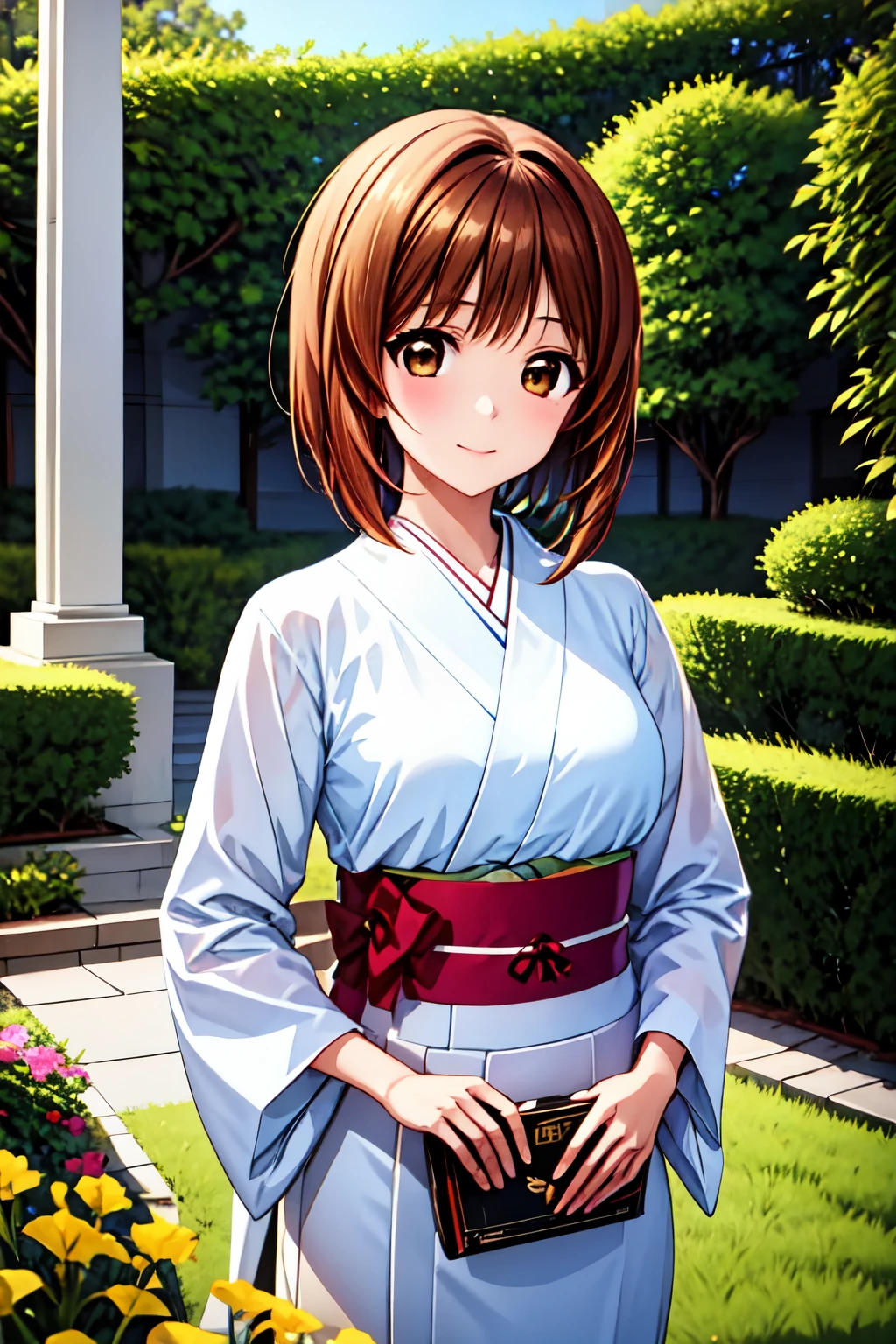 Best Quality, Good Quality, very beautiful,high resolution , high quality DVD、 one girl , alone、woman,  Nishizumi Miho , beautiful brown eyes, Attractive brown eyes、  beautiful brown hair  , bob cut、Anime girl wearing light blue traditional Japanese clothes、Flowers in hair、outdoors、garden