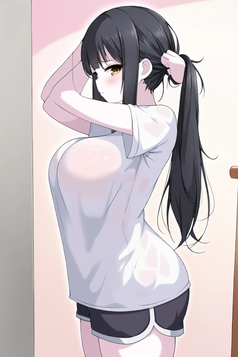 from behind、(looking away:1.5),Upper Body, Realistic, real person, (pale skin: 1.2), RAW photo, photorealistic, shiny skin, shiny hair、(35 year old woman with medium length hair) and (wavy hair) and (brown hair) ,(Wearing a black suit jacket)、back
