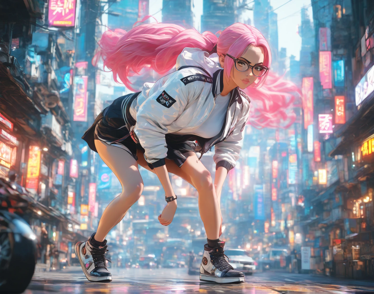 A heartwarming image of a little girl on fire as she runs through the dark, stormy streets of a city. Her white outfit is belted with vibrant colors and her long, flowing hair, adorned with sparkles, trails behind her. The vibrant colors of the cityscape contrast beautifully with the delicate, golden light coming from the girl's face. The vibrant colors of the city contrast beautifully with the dramatic, surreal lighting creating an awe-inspiring atmosphere. standard lens, high ISO, f/4 aperture  -ar 9:16 --auto --s2