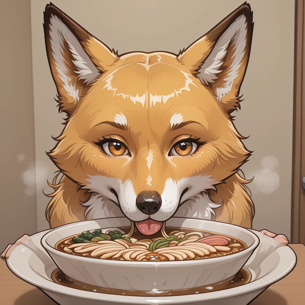 fox boy,Eat food on the floor,Drooling,8K resolution Red collar,Tableware for dogs