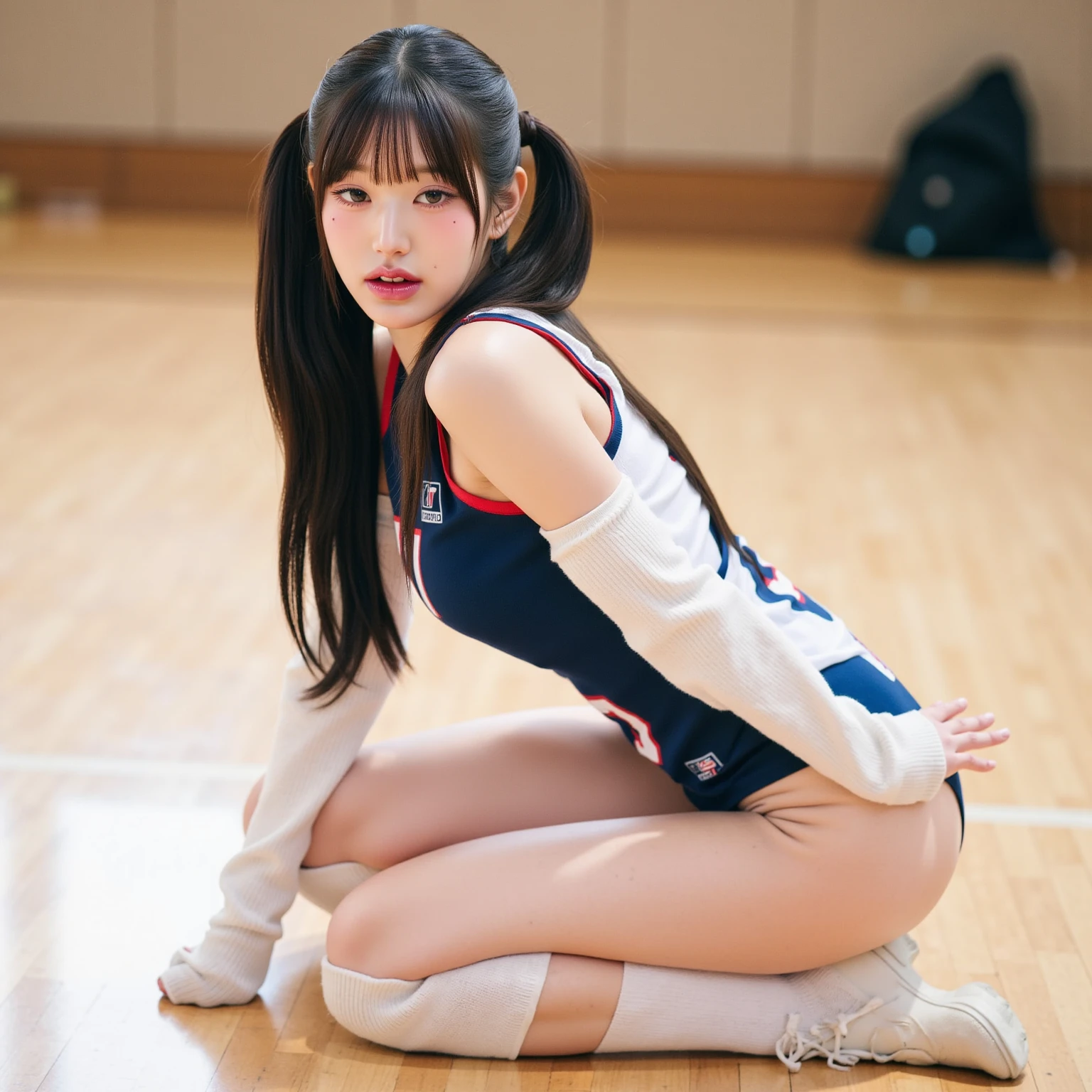 Fetish cheerleader in cheer suit with cheerleader pom-poms and mini skirt, So that her white panties are visible、Lift your legs and show us your underwear, Korean Girls, It&#39;s hot with the shining sun, Young and thin gravure idol