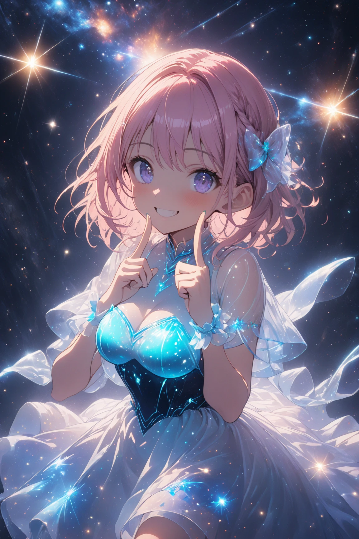 1girl,light brown color medium length hair,blue eyes,kind smile,medium breasts,bioluminescent dress,dark background,cowboy shot,