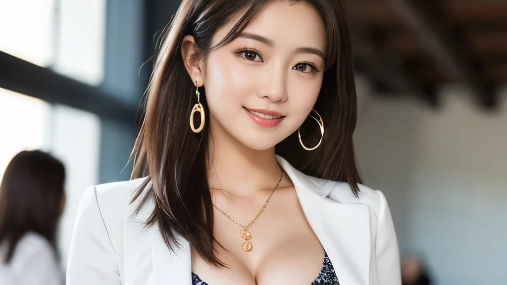 masterpiece, Highest quality,Perfect Face、Ultra-high resolution, (Beauty, delicate:1.3), (Young Wife:1.3), Exceptional clarity, (Symmetrical eyes:1.3), (bathroom), (Long coat:1.3), Shining Eyes , Brown Hair,Medium Hair、bangs、Petit Girl, (Eye and facial details:1.0)Actual Photos、Victory smile、Random Pattern Bra、Thick lips、(Random Color Bra)Full body image、To the camera、Big Breasts、Earrings、Wet Hair、Soaking wet、