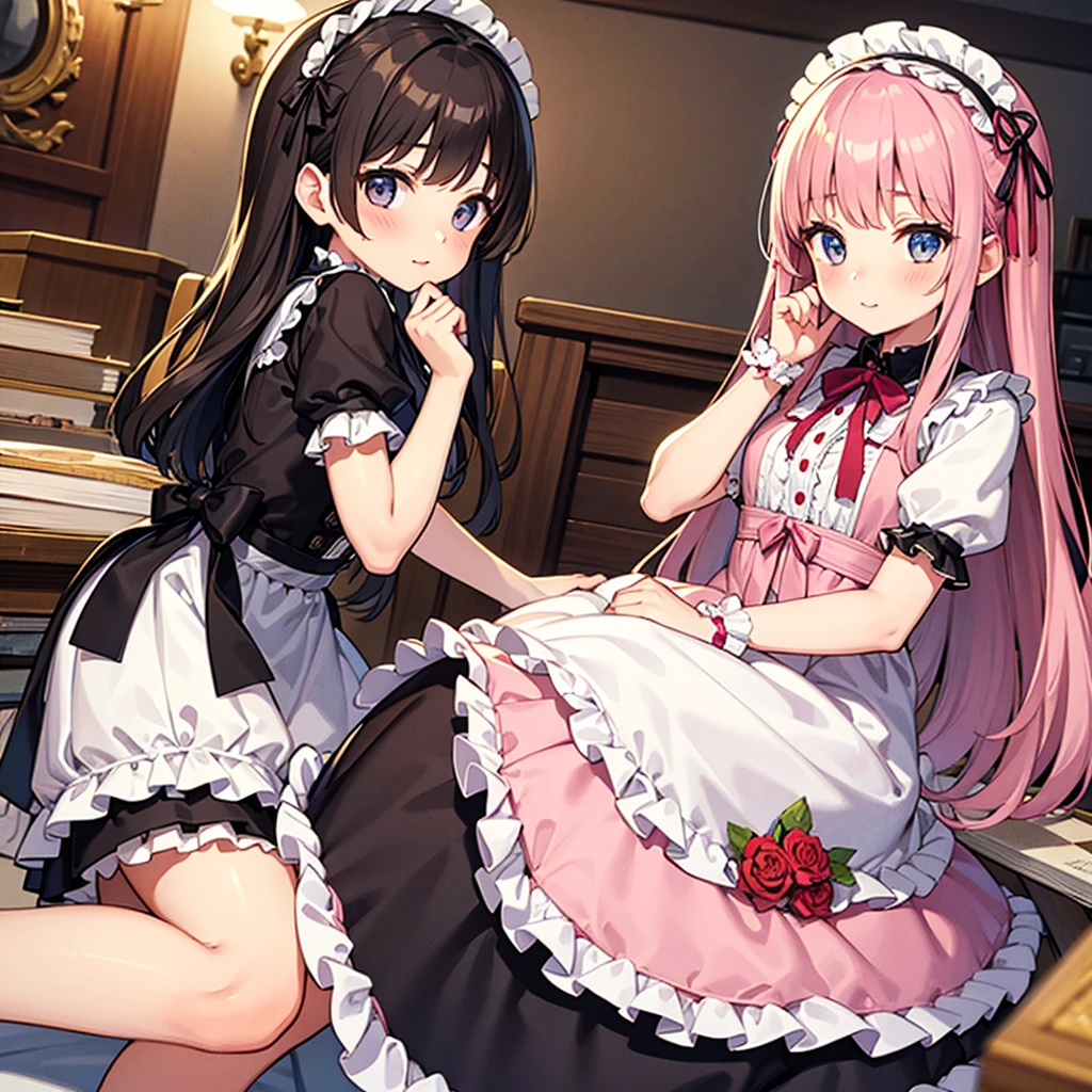 highest quality、masterpiece、((2 women))、((smile:1.3))、(blush:1.3)、Black Shirt、blouse、((fun!!))、(Small breasts)、()、Blonde、(Long sleeve)、((White apron:1.5))、((Maid))、((hair ornaments)),、Kamimei、look at me、 ((in house:1.5))、 Taking a break from watching the audience、Cowboy Shot、(Skirt lift:1.3),(Highly detailed pink striped panties:1.3)、(Highly detailed panties:1.3)、、(スカート that rolls up:1.3)、(Panties fully exposed:1.5)、Light blue eyes、long hair、Glowing Eyes