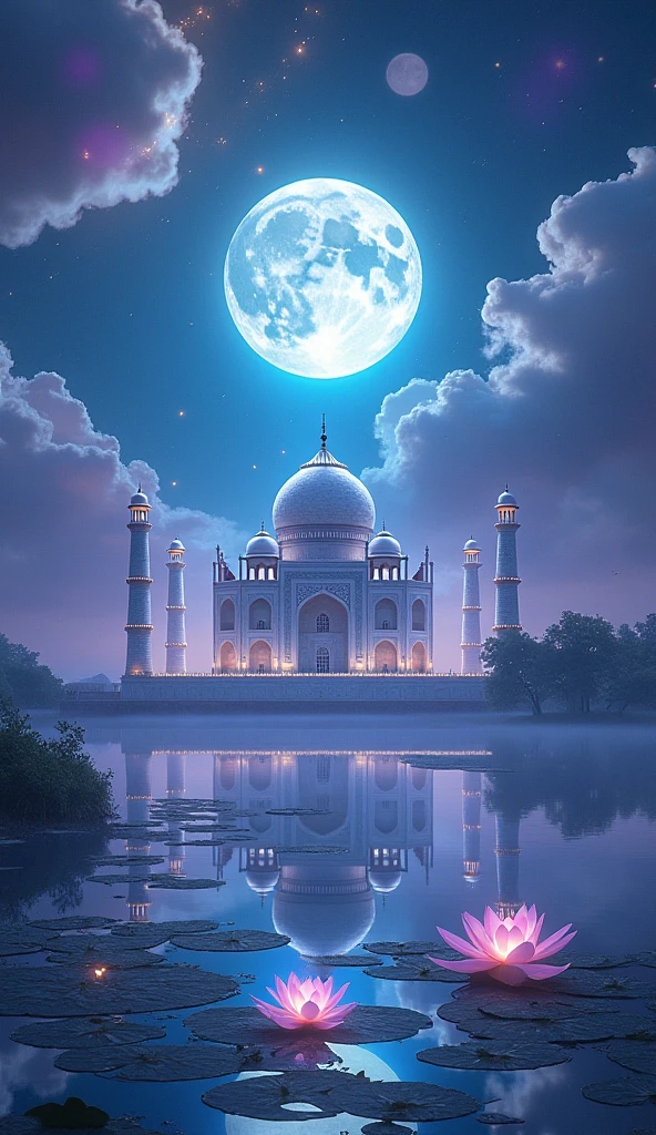 Taj Mahal under moonlight and mild gold tint on the marbles with few stars above a realistic picture 