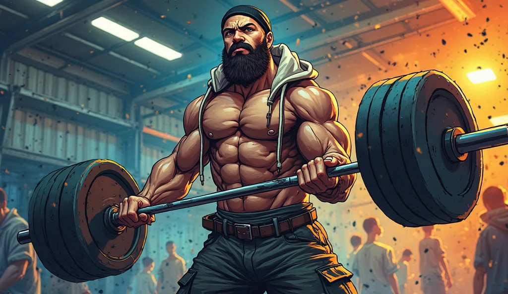 Robust athlete man, upper body revealed, legs uncovered from thighs to feet, bearded with beaded accents, flowing long curls, meticulous muscle definition, lifelike representation, 4K quality. Background: Gymnasium with weights and exercise equipment.,32k uhd, best quality, masterpiece, super detail, high details