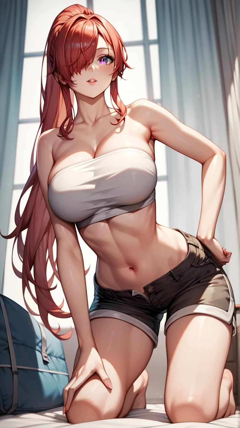 Masterpiece, best quality, highres, pink hair, blue eyes, (huge breasts), croptop overhang navel, side tie panties, indoors, gym, cleavags, bare shoulders, sweating, steam